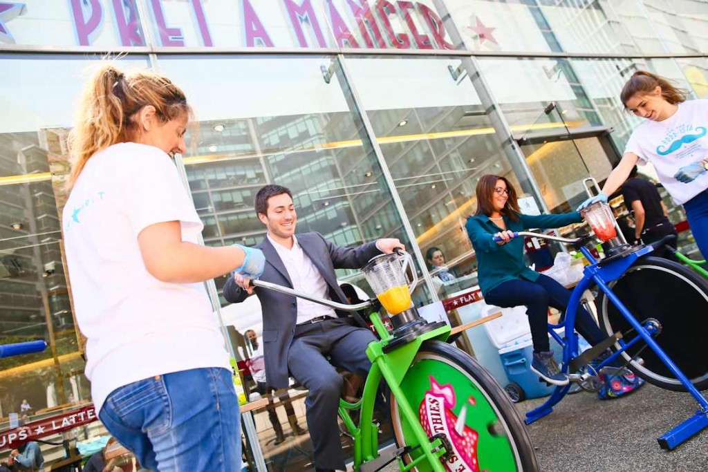 1,000 office workers and visitors cycled for smoothies on Pret's 'blender bikes' yesterday.  Smoothie fans can do the same today (Friday 10th) for free, at Stylist's Reclaim Your Lunchtime event in Regent's Place from 11am-4pm.